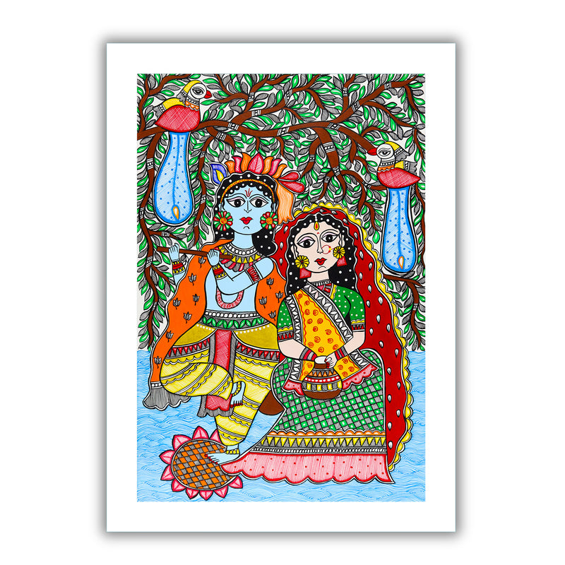 Framed artwork of a colorful radha-krishna-with handmade madhubani painting 