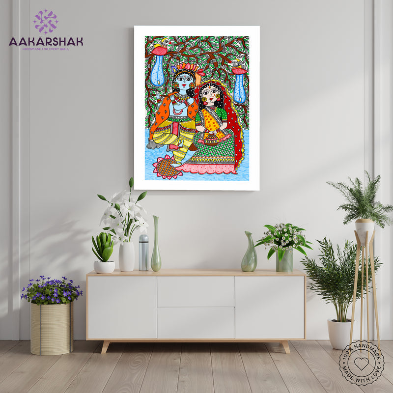 ramed artwork with radha-krishna design -handmade madhubani painting for home decor