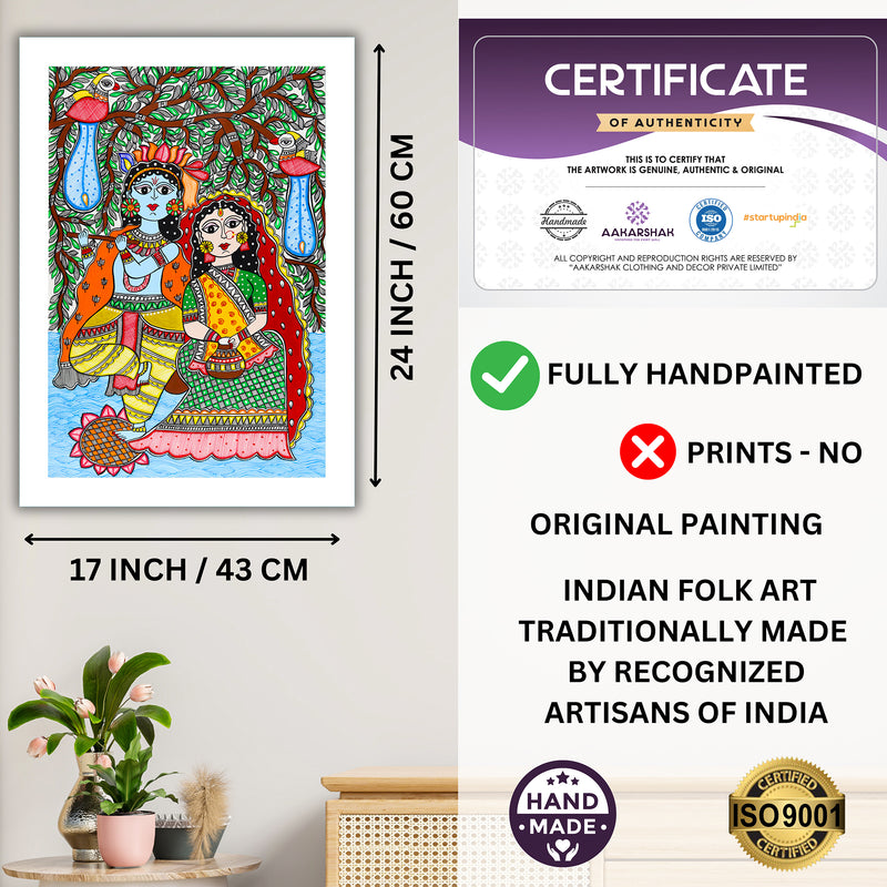 Framed artwork with dimensions, authenticity certificate and handmade iso certified-radha-krishna madhubani painting