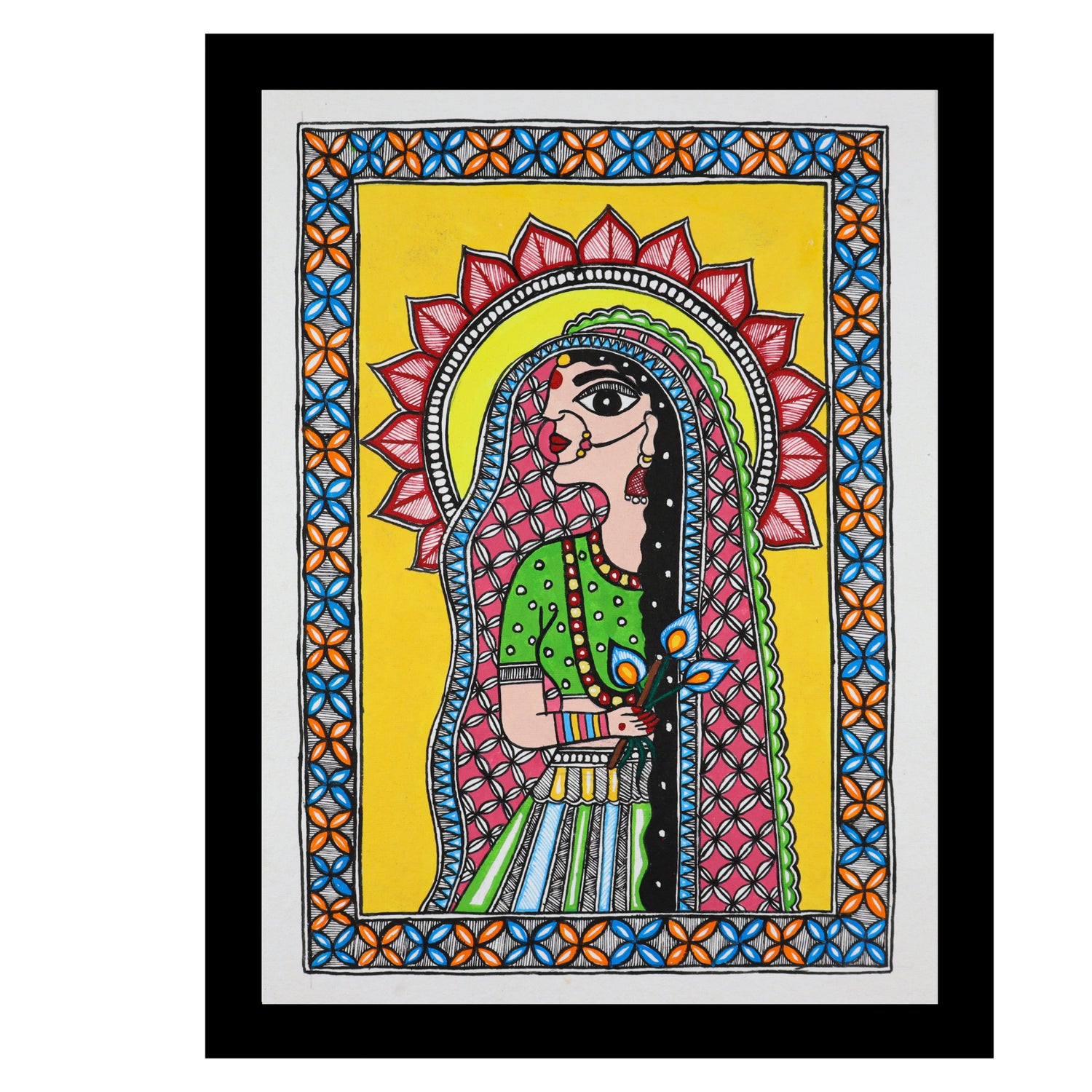 Framed artwork of a colorful radha-with handmade madhubani painting 