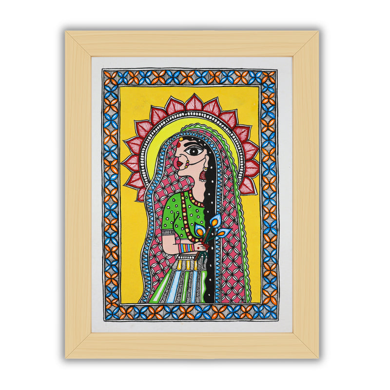 Framed artwork of a colorful radha-with handmade madhubani painting