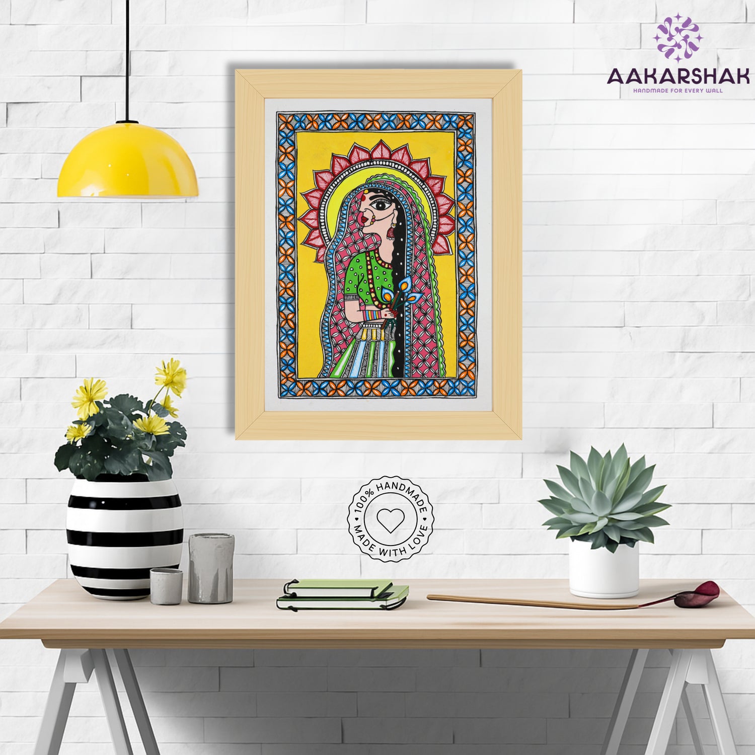 Framed artwork with radha  design -handmade madhubani painting for home decor