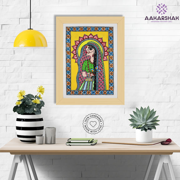 Framed artwork with radha  design -handmade madhubani painting for home decor