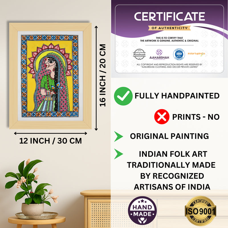 Framed artwork with dimensions, authenticity certificate and handmade iso certified-radha madhubani painting