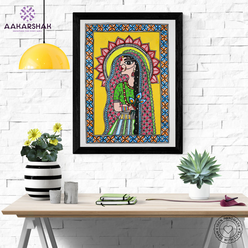 Framed artwork with radha  design -handmade madhubani painting for home decor