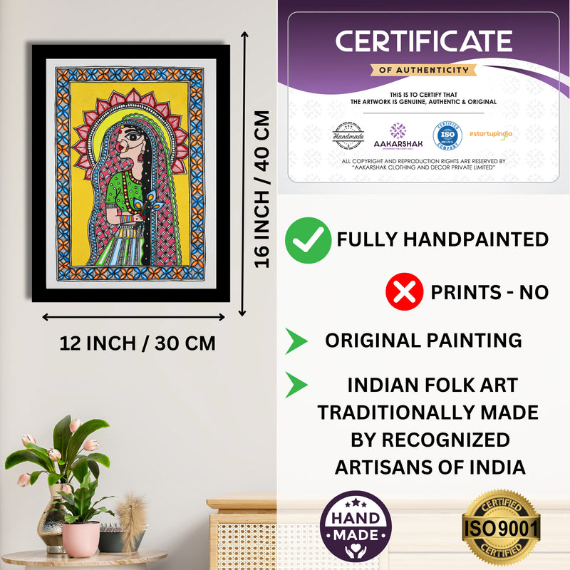 Framed artwork with dimensions, authenticity certificate and handmade iso certified-radha madhubani painting