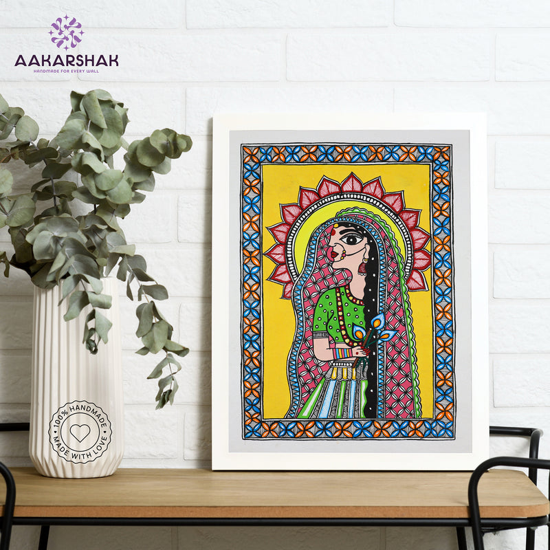 Framed artwork with radha  design -handmade madhubani painting for home decor