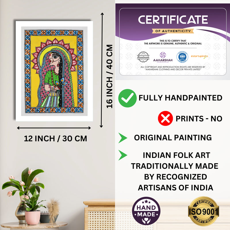 Framed artwork with dimensions, authenticity certificate and handmade iso certified-radha madhubani painting