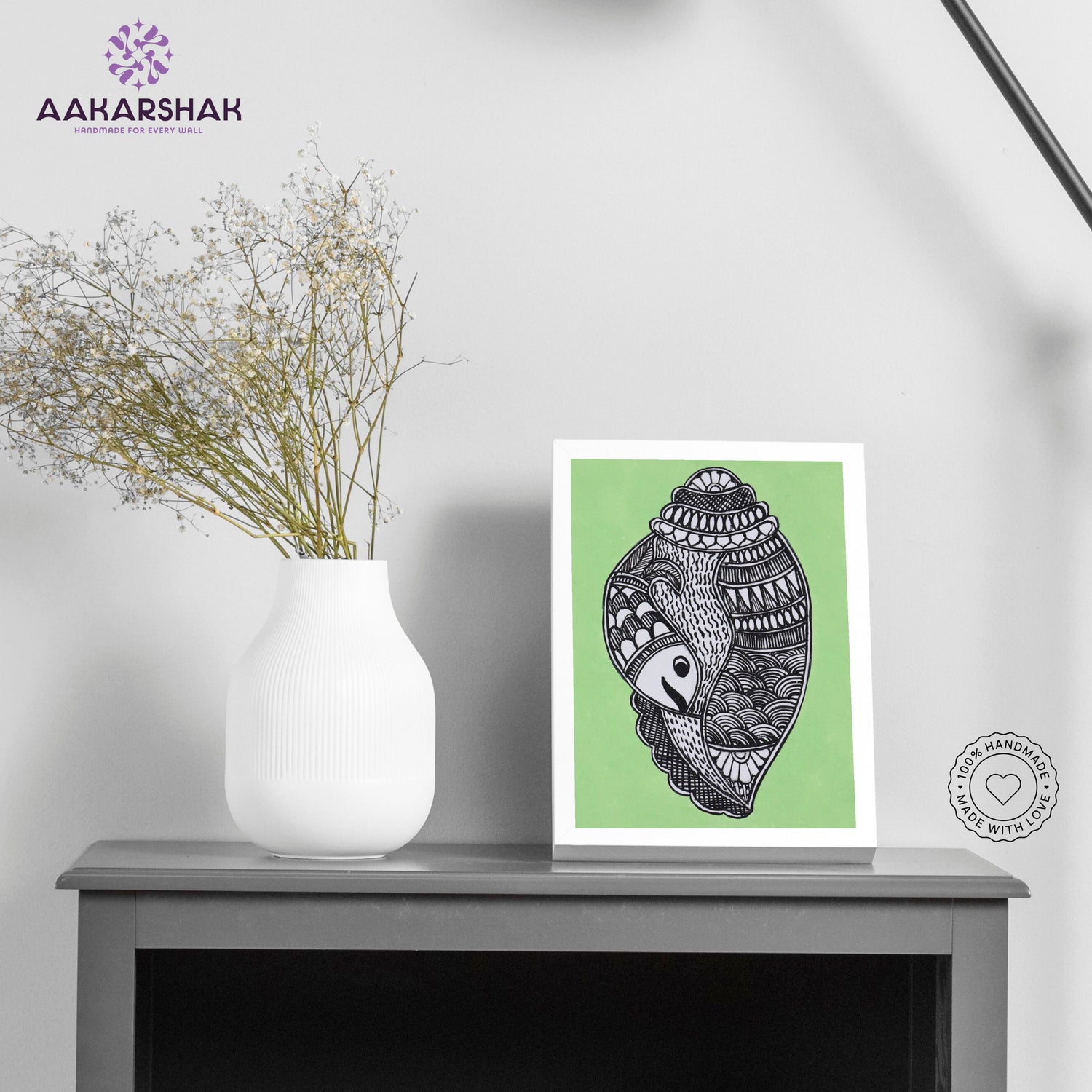 Handmade Madhubani shankha painting-with tabletop stand for home decor
