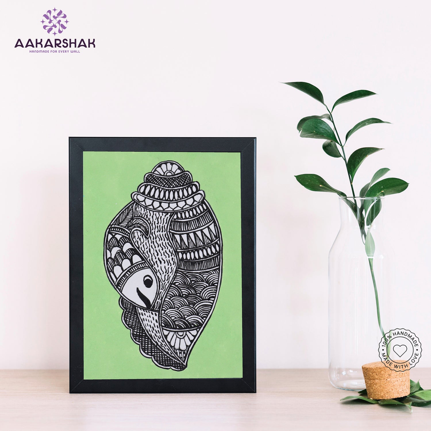 Handmade Madhubani shankha painting-with tabletop stand for home decor
