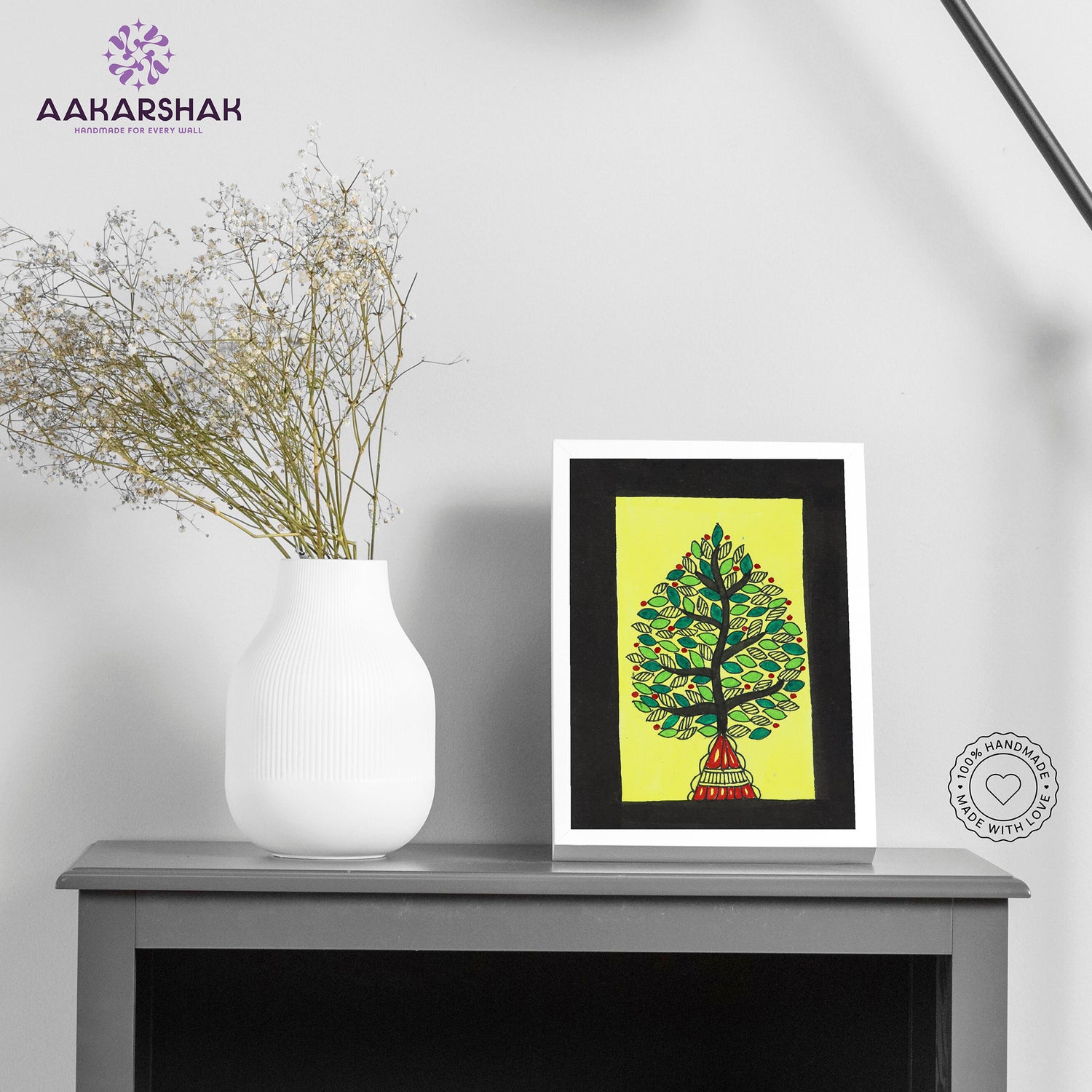 Handmade Madhubani flower painting-with tabletop stand for home decor
