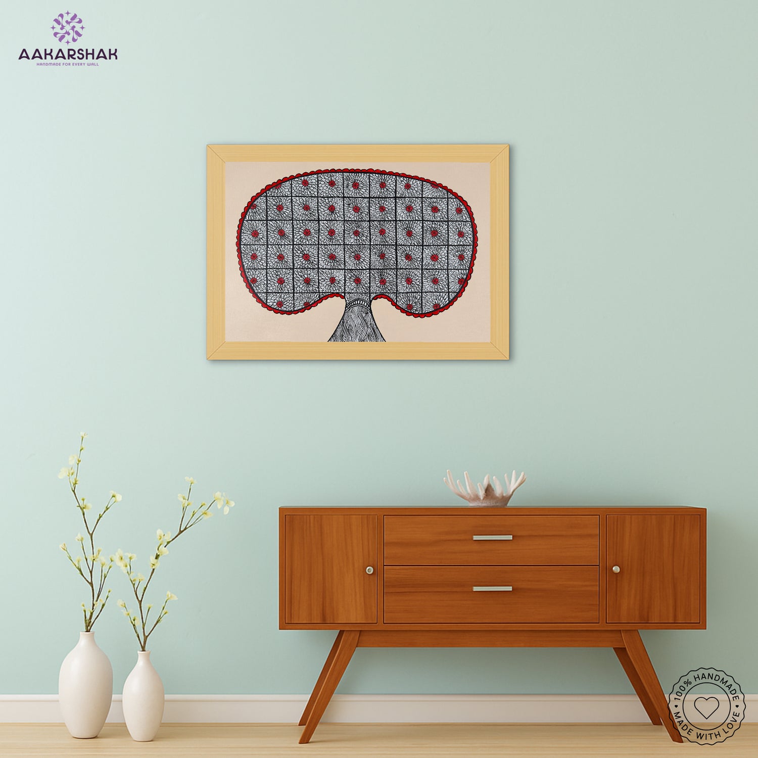 Framed artwork with peacock design -handmade madhubani painting for home decor