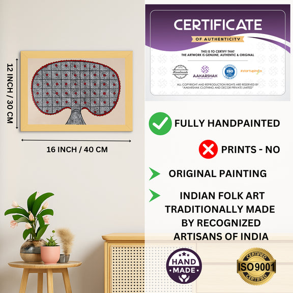 Framed artwork with dimensions, authenticity certificate and handmade iso certified-tree of life madhubani painting