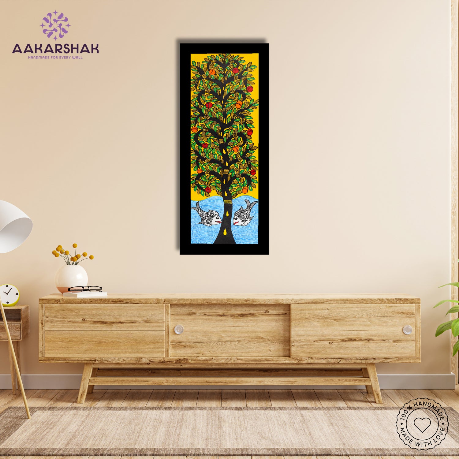 Framed artwork with tree of life design -handmade madhubani painting for home decor