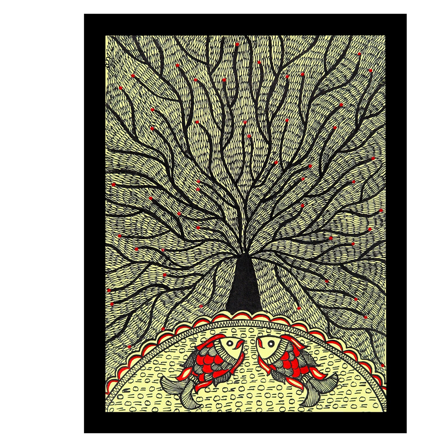 Framed artwork of a colorful tree of life-with handmade madhubani painting