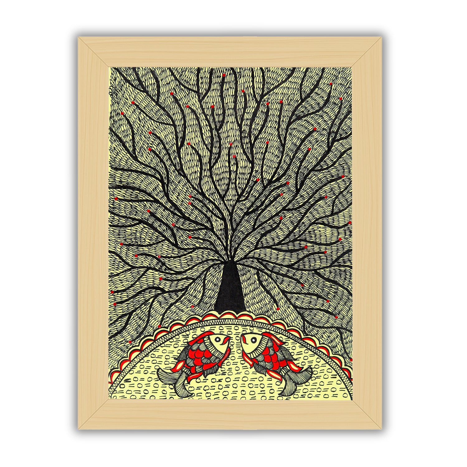 Framed artwork of a colorful tree of life-with handmade madhubani painting