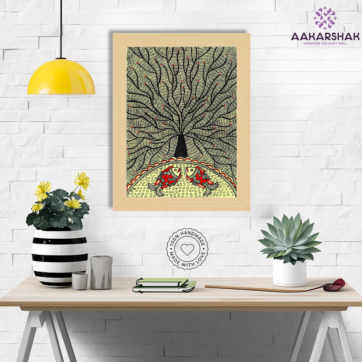 Framed artwork with tree of life design -handmade madhubani painting for home decor