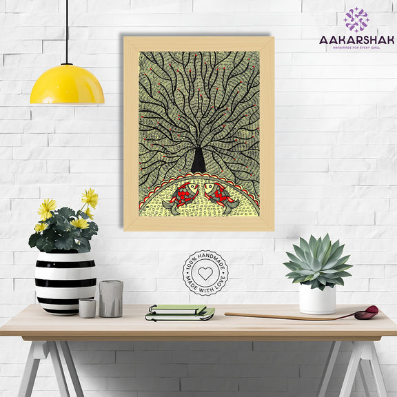 Framed artwork with tree of life design -handmade madhubani painting for home decor