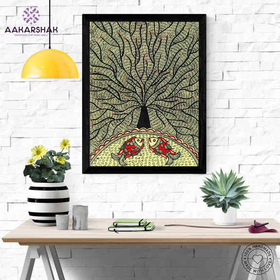 Framed artwork with tree of life design -handmade madhubani painting for home decor