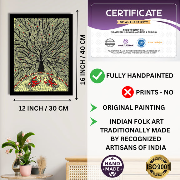 Framed artwork with dimensions, authenticity certificate and handmade iso certified-tree of life madhubani painting