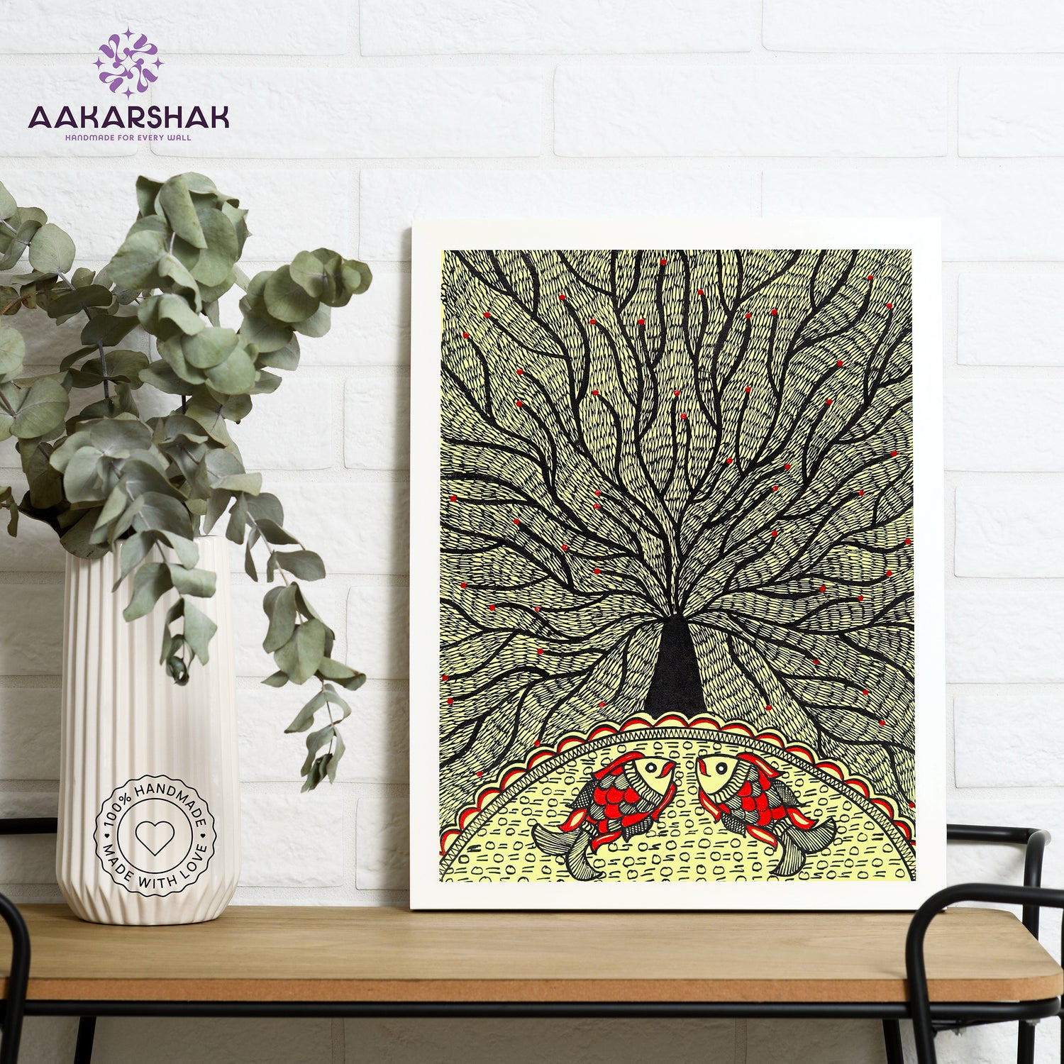 Framed artwork with tree of life design -handmade madhubani painting for home decor