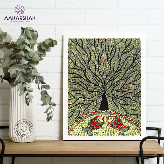 Framed artwork with tree of life design -handmade madhubani painting for home decor