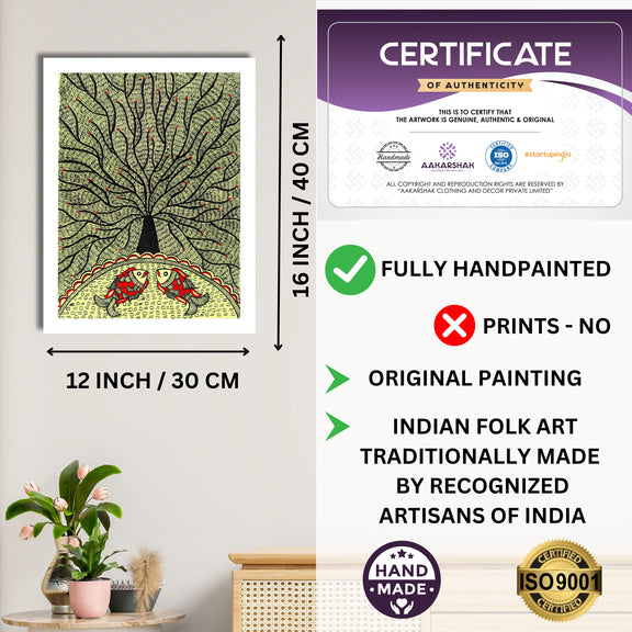 Framed artwork with dimensions, authenticity certificate and handmade iso certified-tree of life madhubani painting