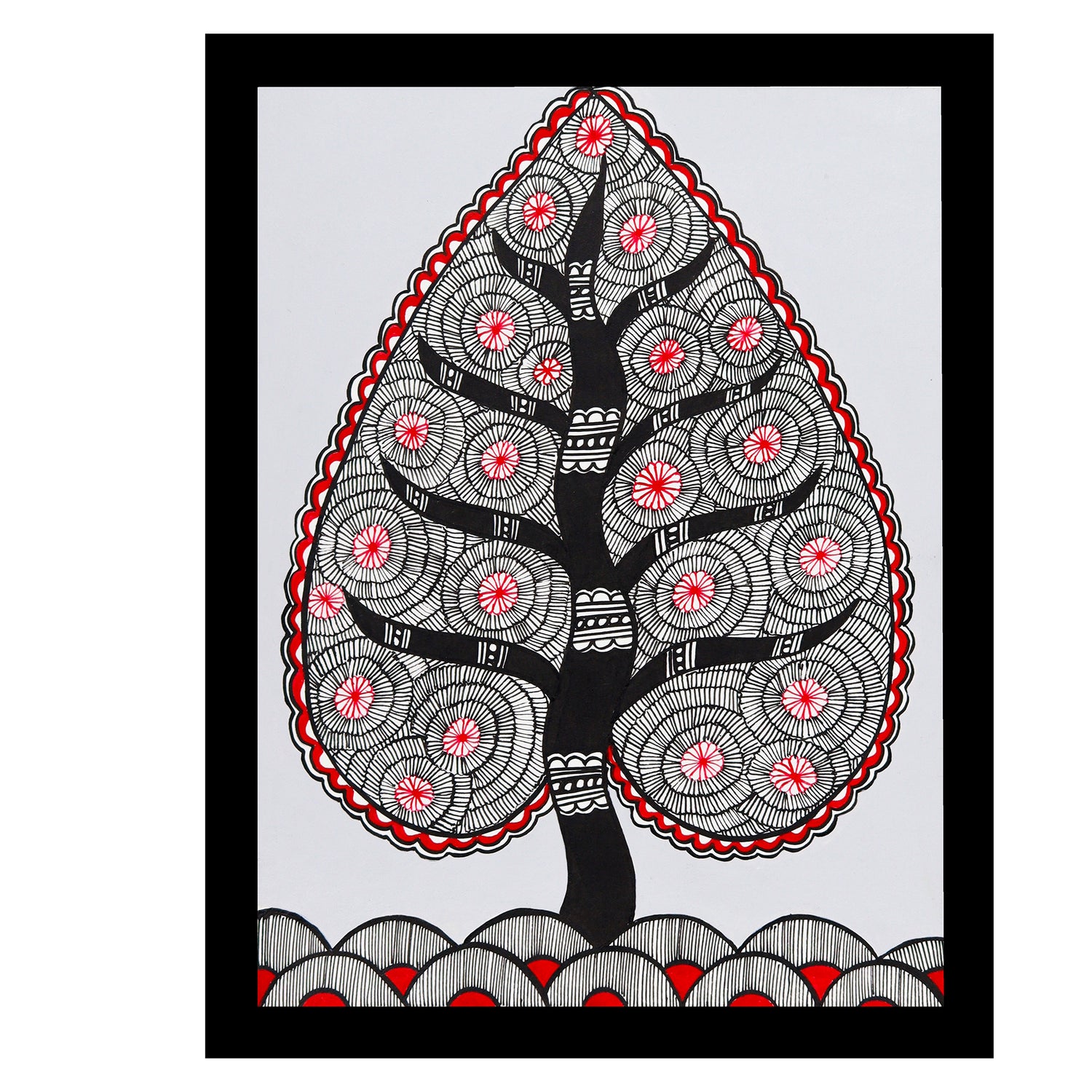 Framed artwork of a colorful tree of life-with handmade madhubani painting