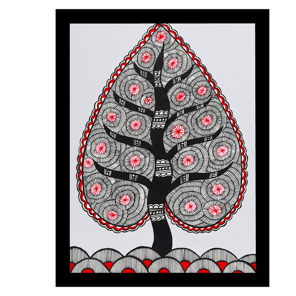 Framed artwork of a colorful tree of life-with handmade madhubani painting