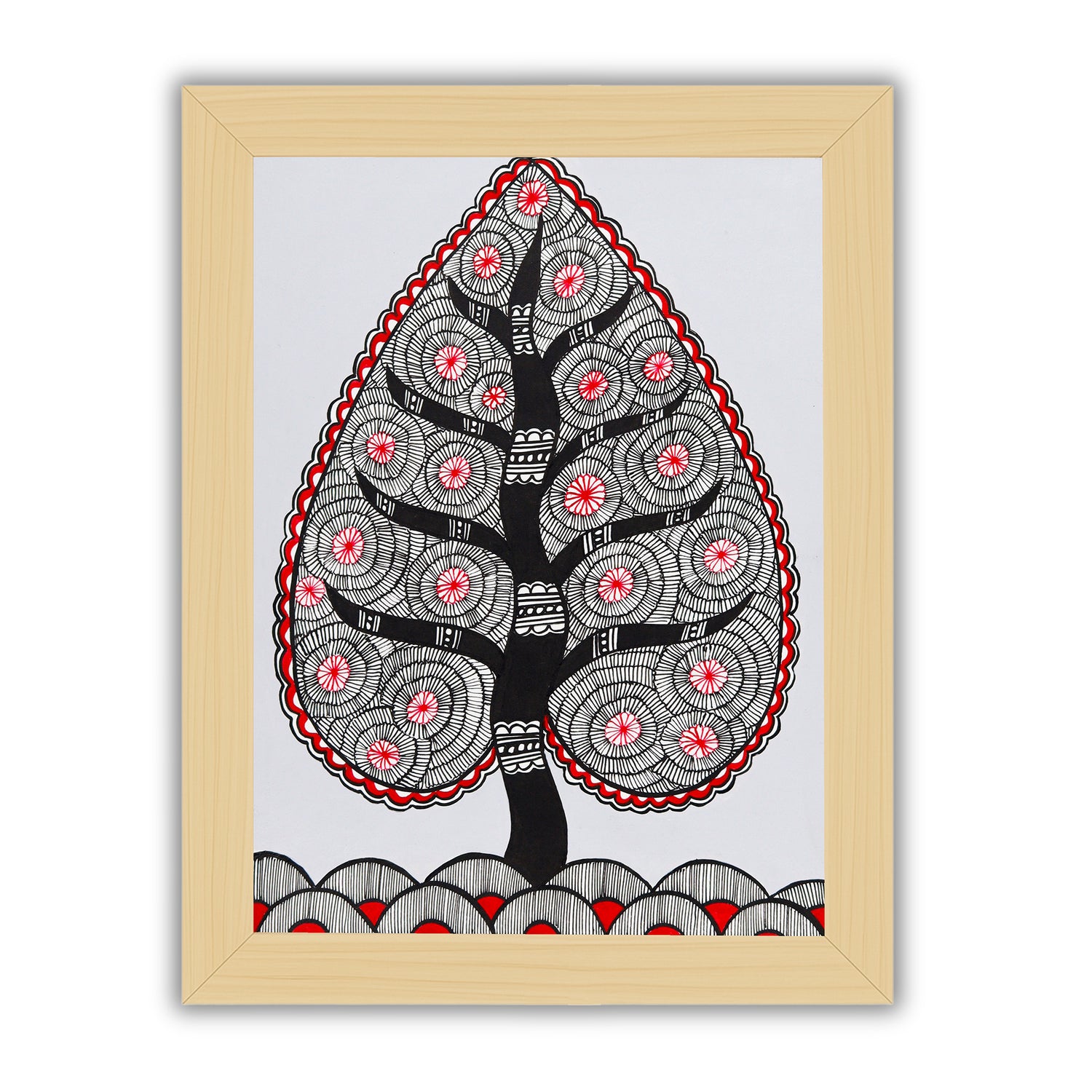 Framed artwork of a colorful tree of life-with handmade madhubani painting