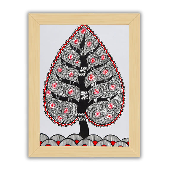 Framed artwork of a colorful tree of life-with handmade madhubani painting