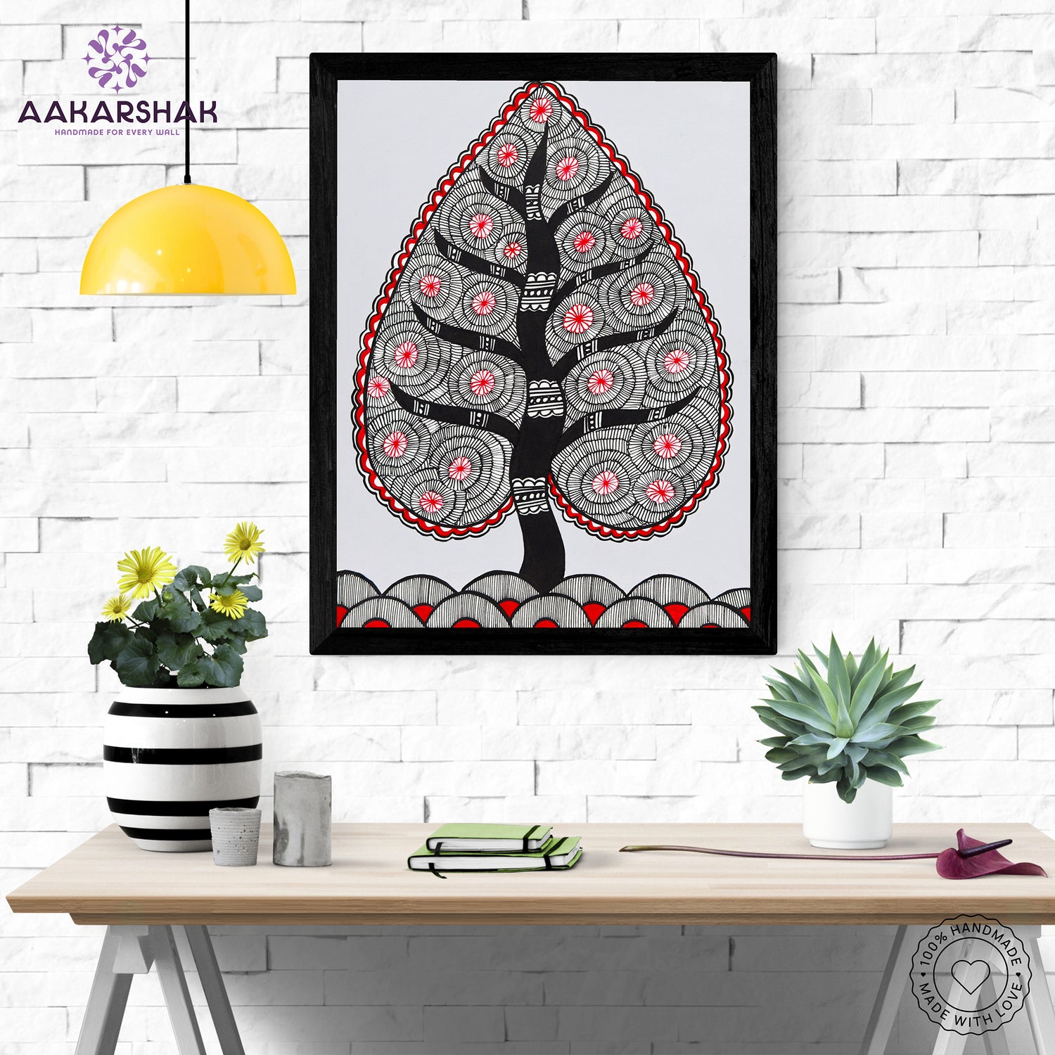 Framed artwork with tree of life design -handmade madhubani painting for home decor