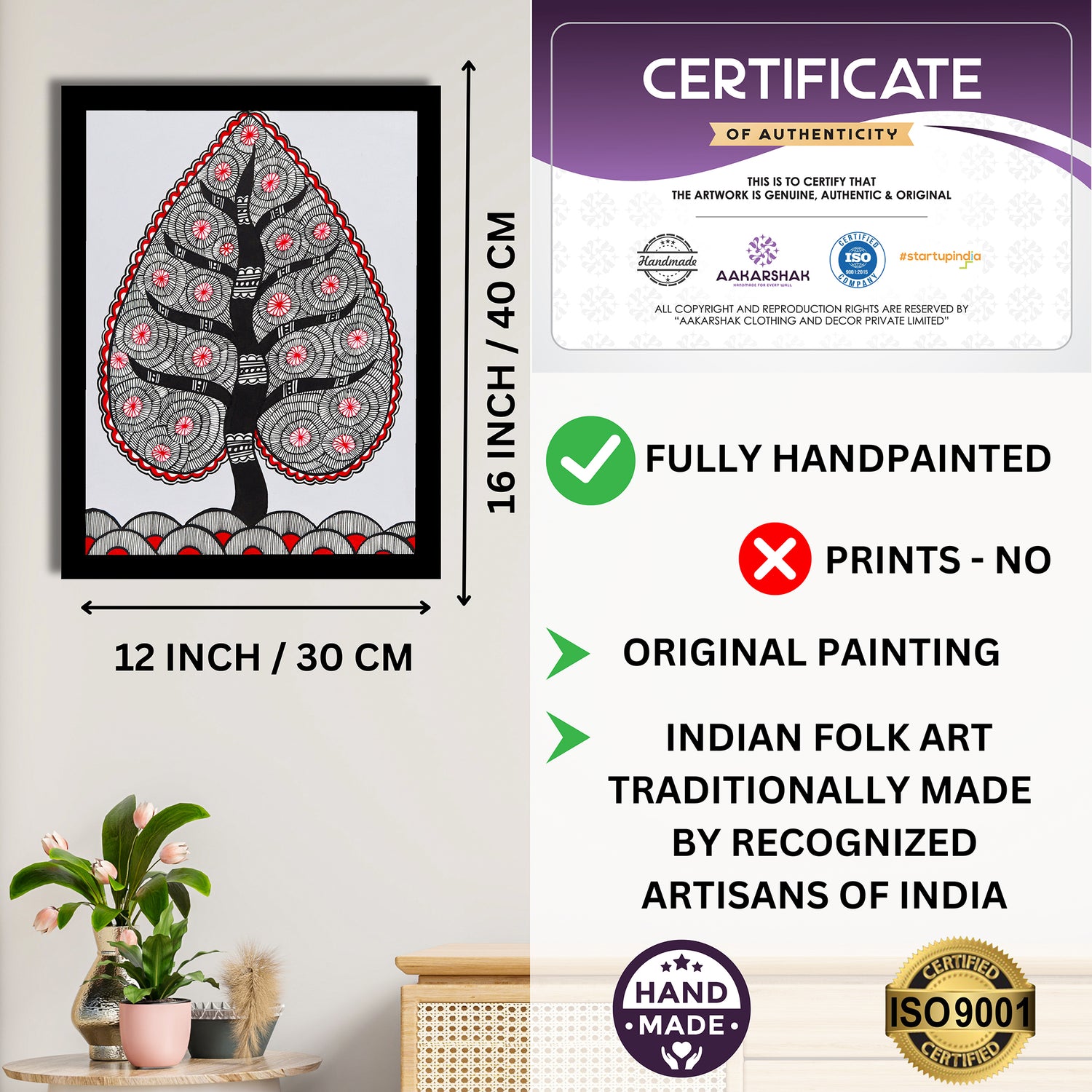 Framed artwork with dimensions, authenticity certificate and handmade iso certified-tree of life madhubani painting
