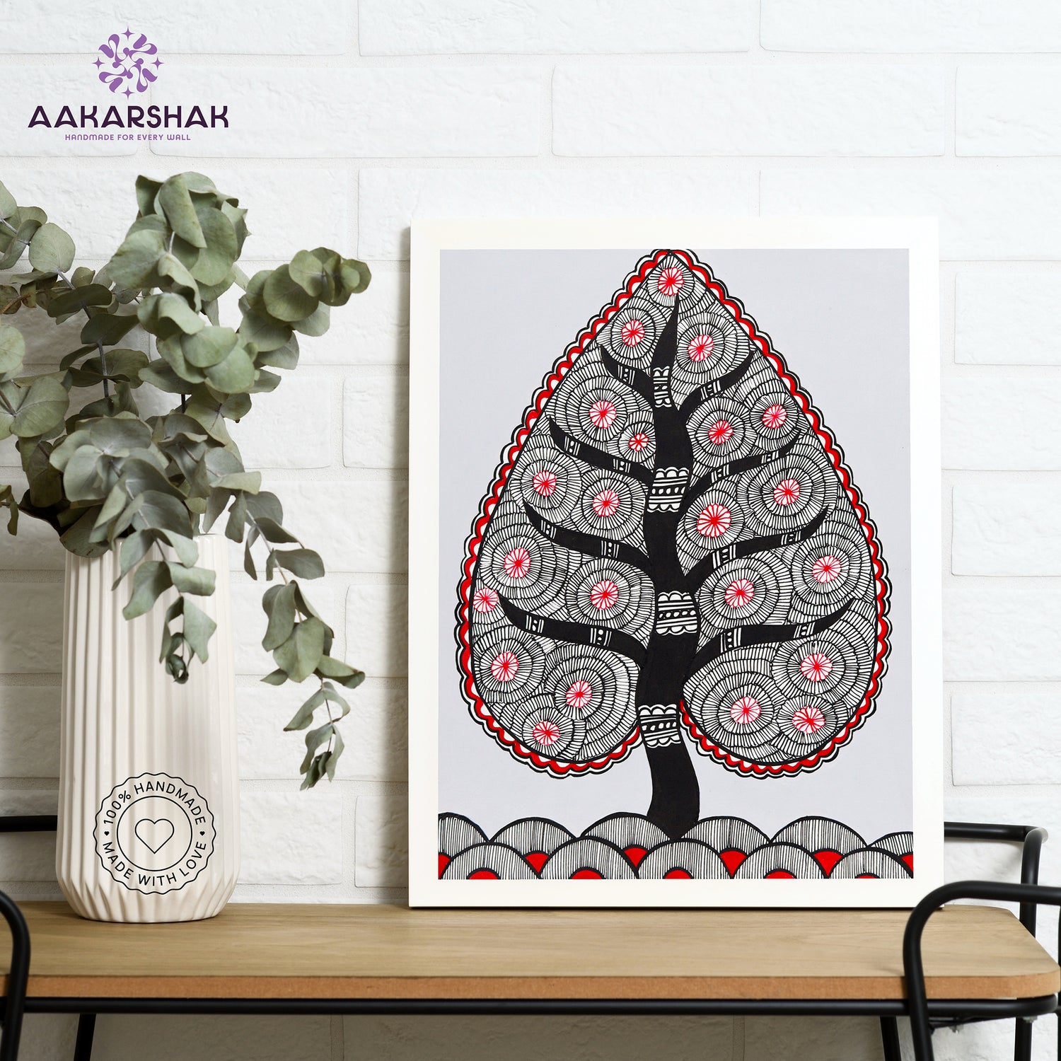 Framed artwork with tree of life design -handmade madhubani painting for home decor
