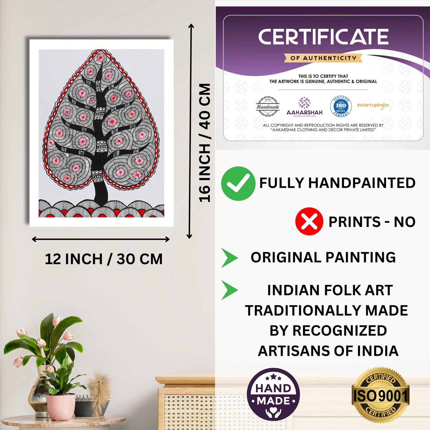 Framed artwork with dimensions, authenticity certificate and handmade iso certified-tree of life madhubani painting