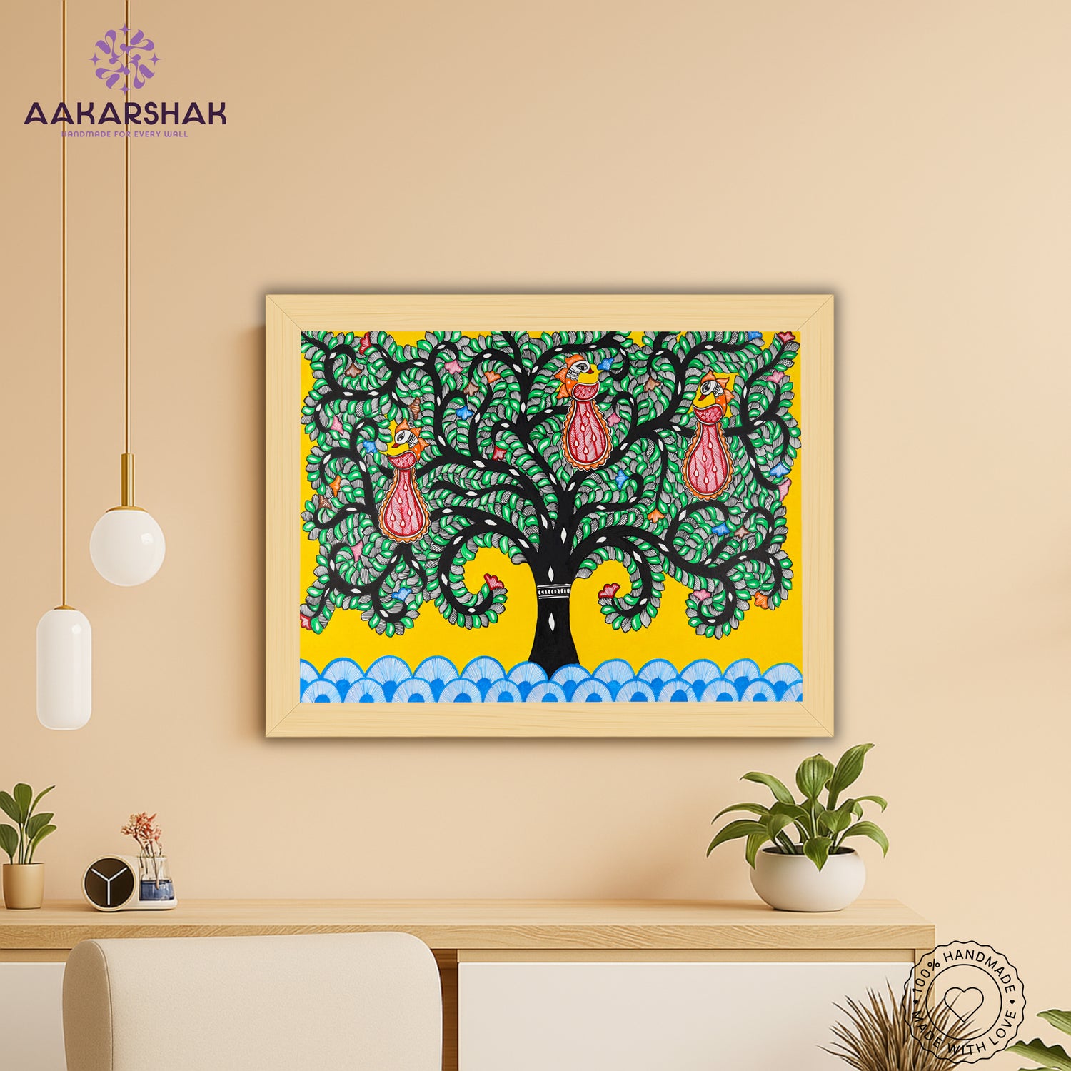 Framed artwork with tree of life design -handmade madhubani painting for home decor