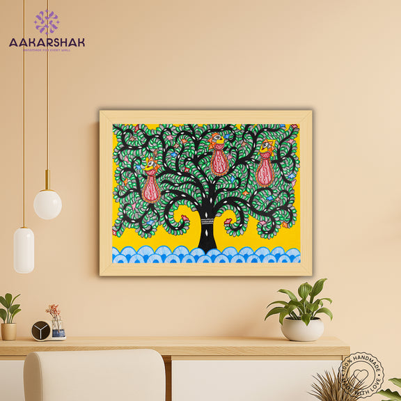 Framed artwork with tree of life design -handmade madhubani painting for home decor