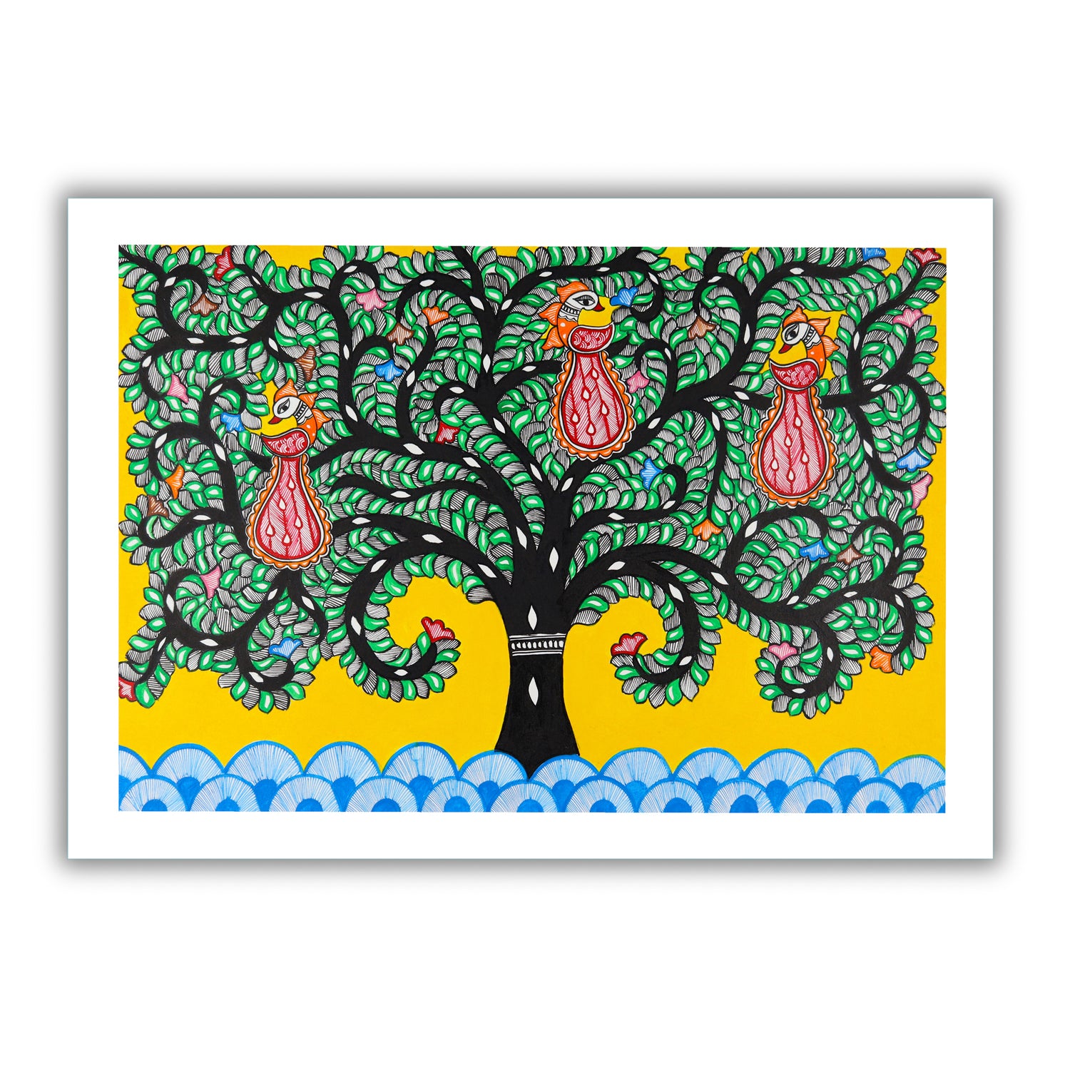 Framed artwork of a colorful tree of life-with handmade madhubani 