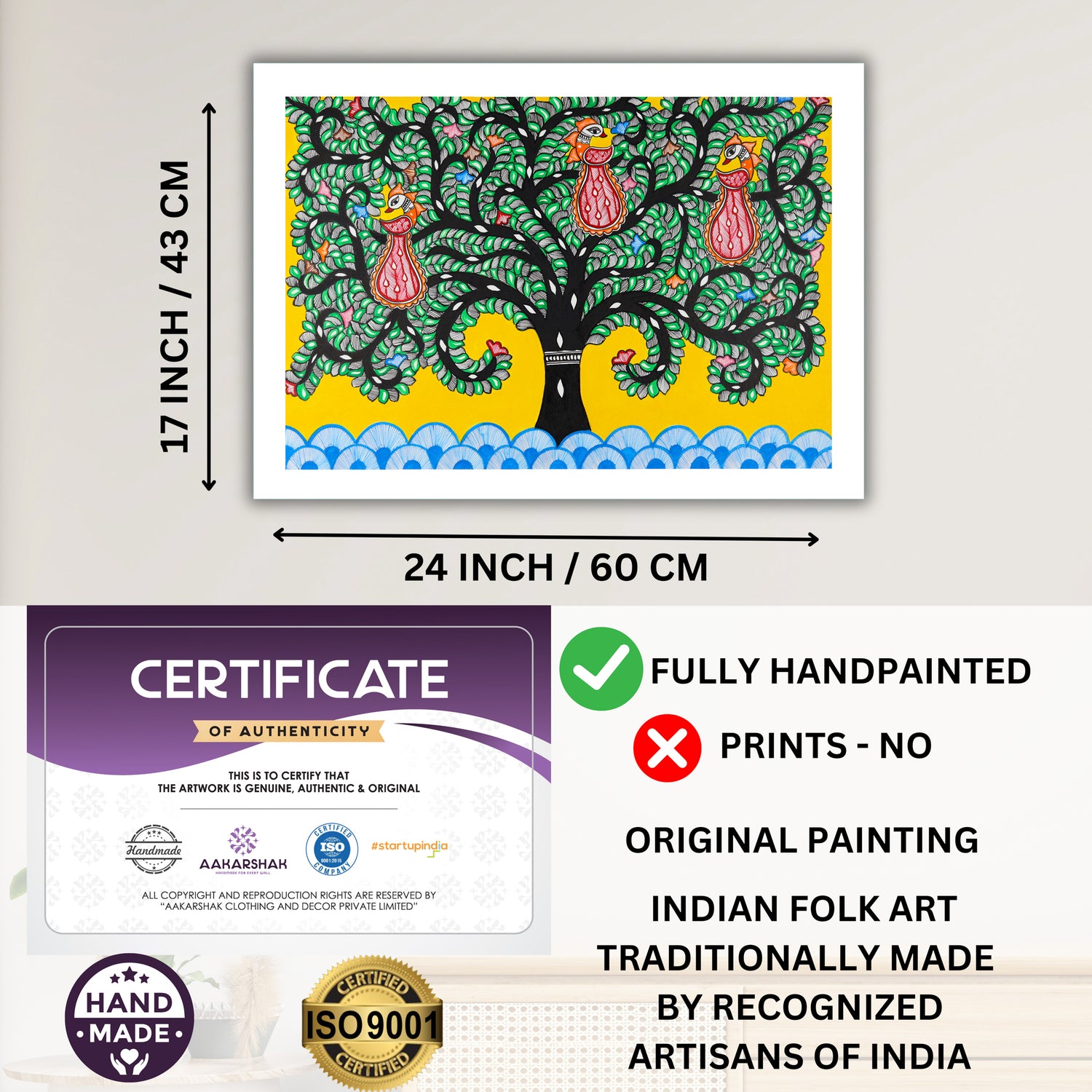 Framed artwork with dimensions, authenticity certificate and handmade iso certified-tree of life madhubani painting