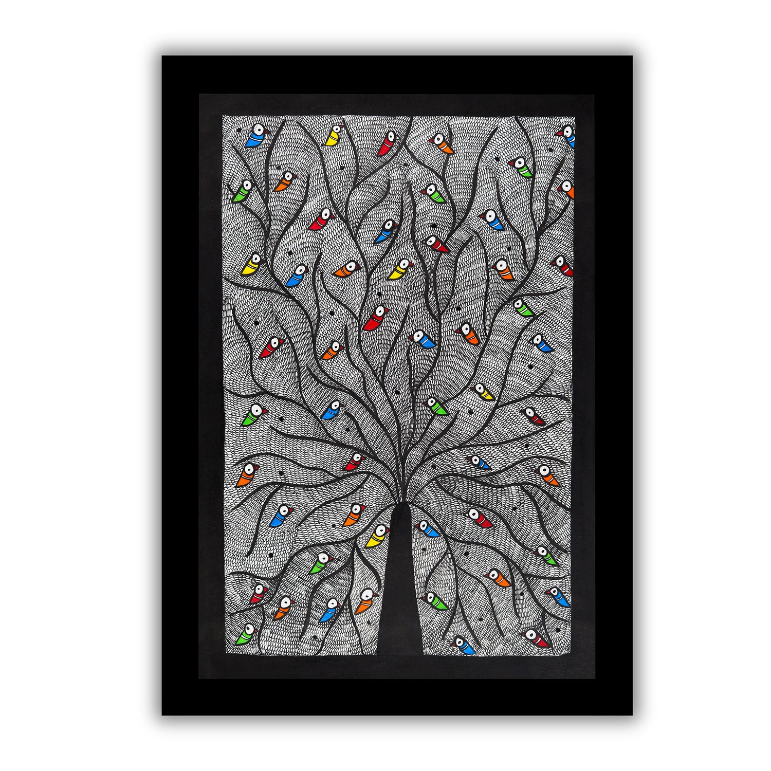 Framed artwork of a colorful tree of life-with handmade madhubani painting 