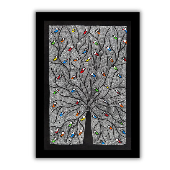Framed artwork of a colorful tree of life-with handmade madhubani painting 
