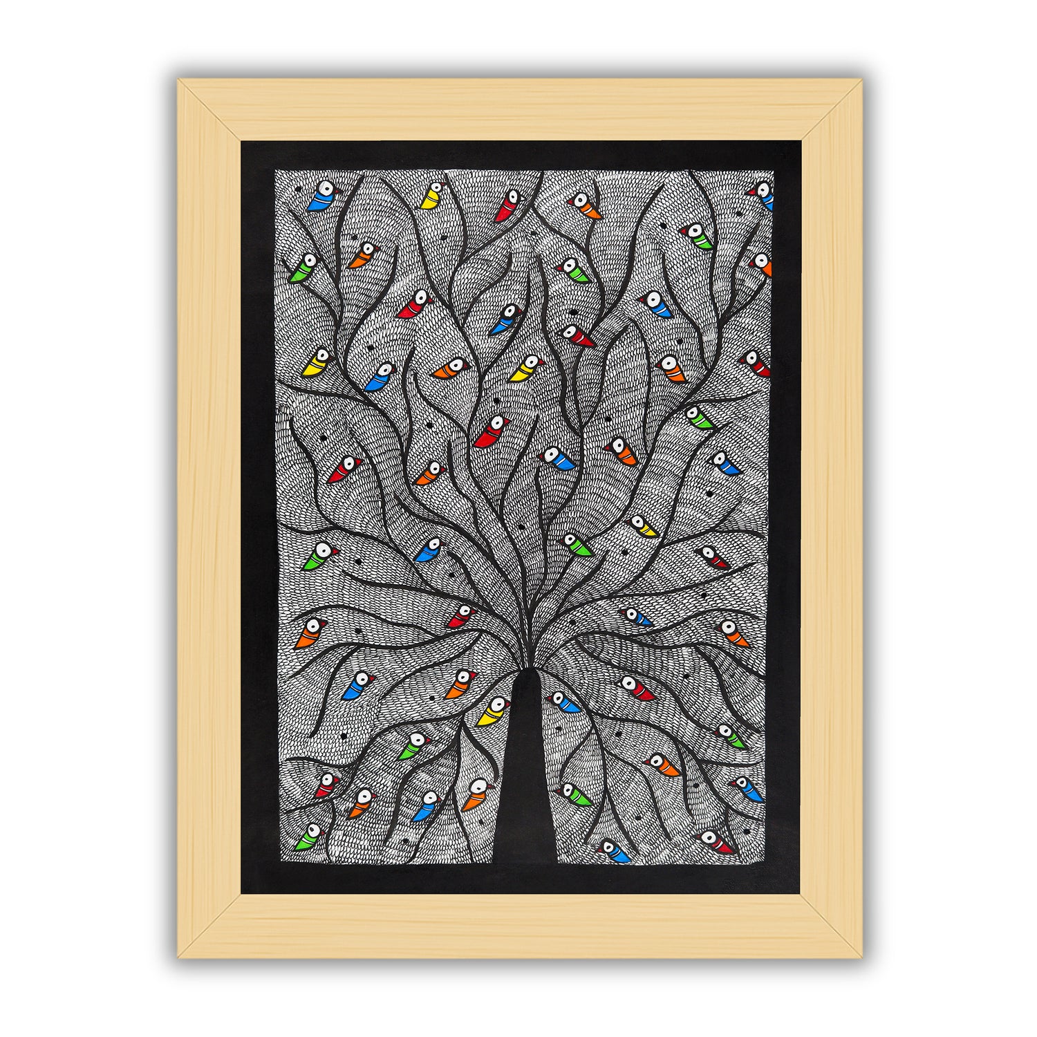 Framed artwork of a colorful tree of life-with handmade madhubani painting 