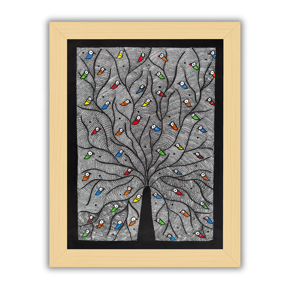 Framed artwork of a colorful tree of life-with handmade madhubani painting 