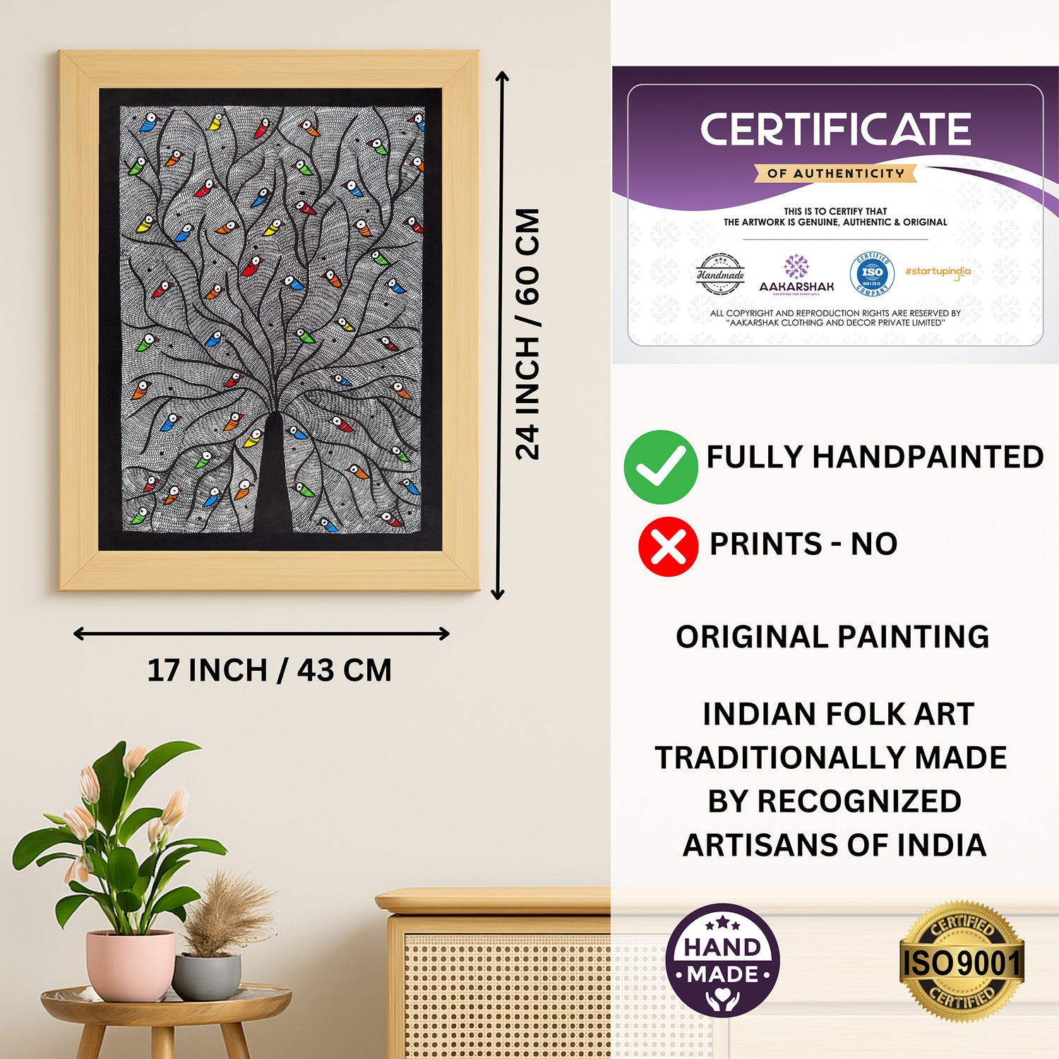 Framed artwork with dimensions, authenticity certificate and handmade iso certified-tree of life madhubani painting