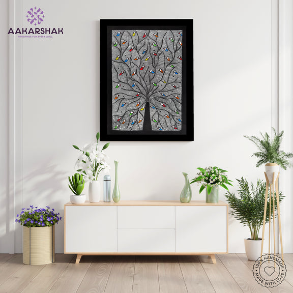 Framed artwork of a colorful tree of life-with handmade madhubani painting 