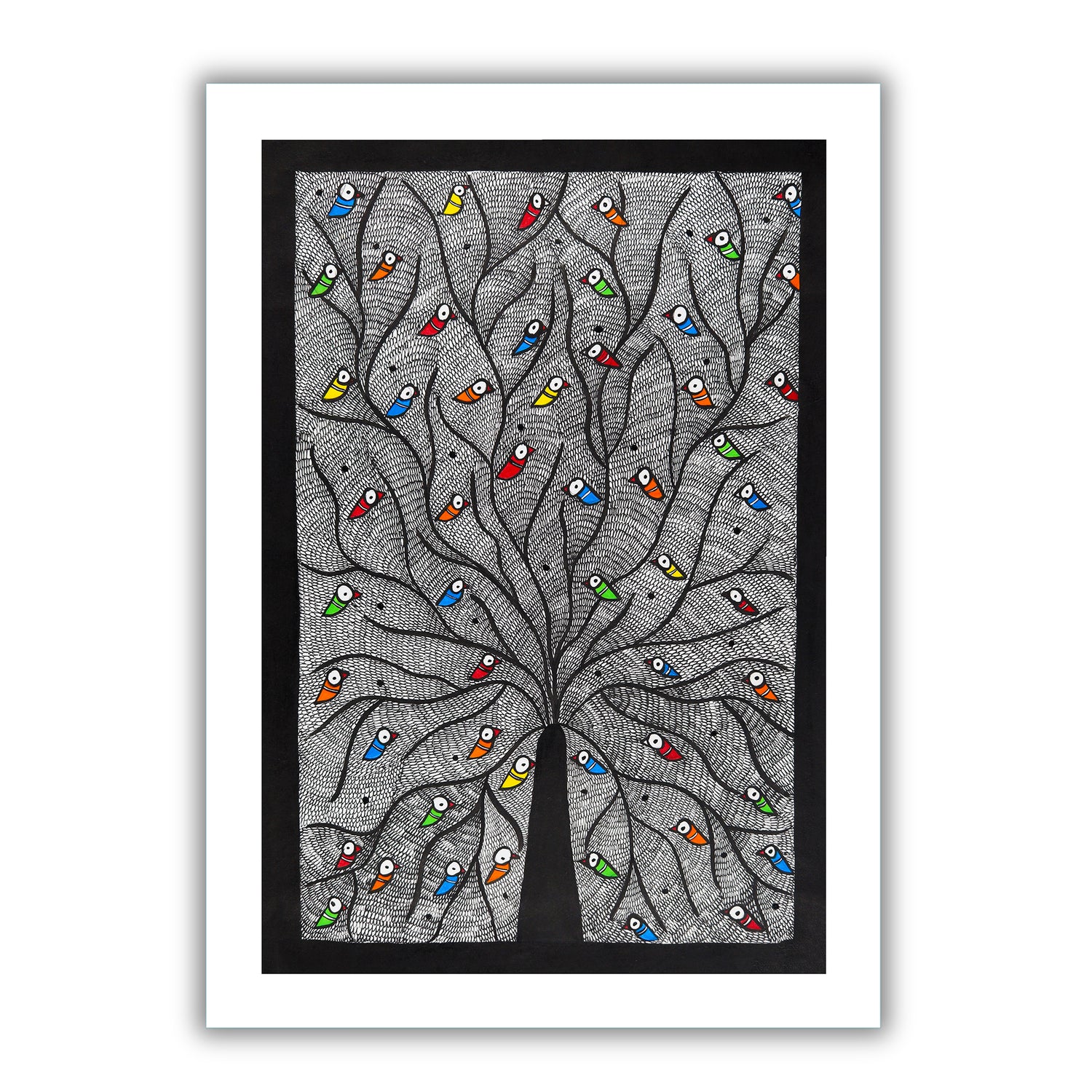 Framed artwork of a colorful tree of life-with handmade madhubani painting 