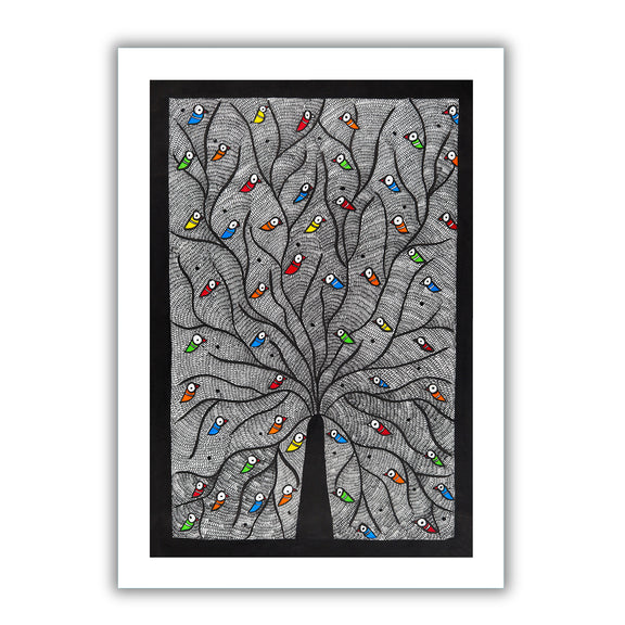 Framed artwork of a colorful tree of life-with handmade madhubani painting 