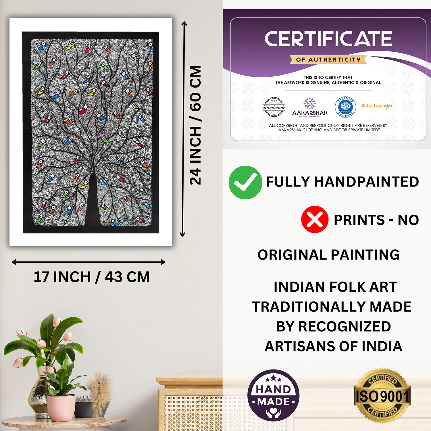 Framed artwork with dimensions, authenticity certificate and handmade iso certified-tree of life madhubani painting
