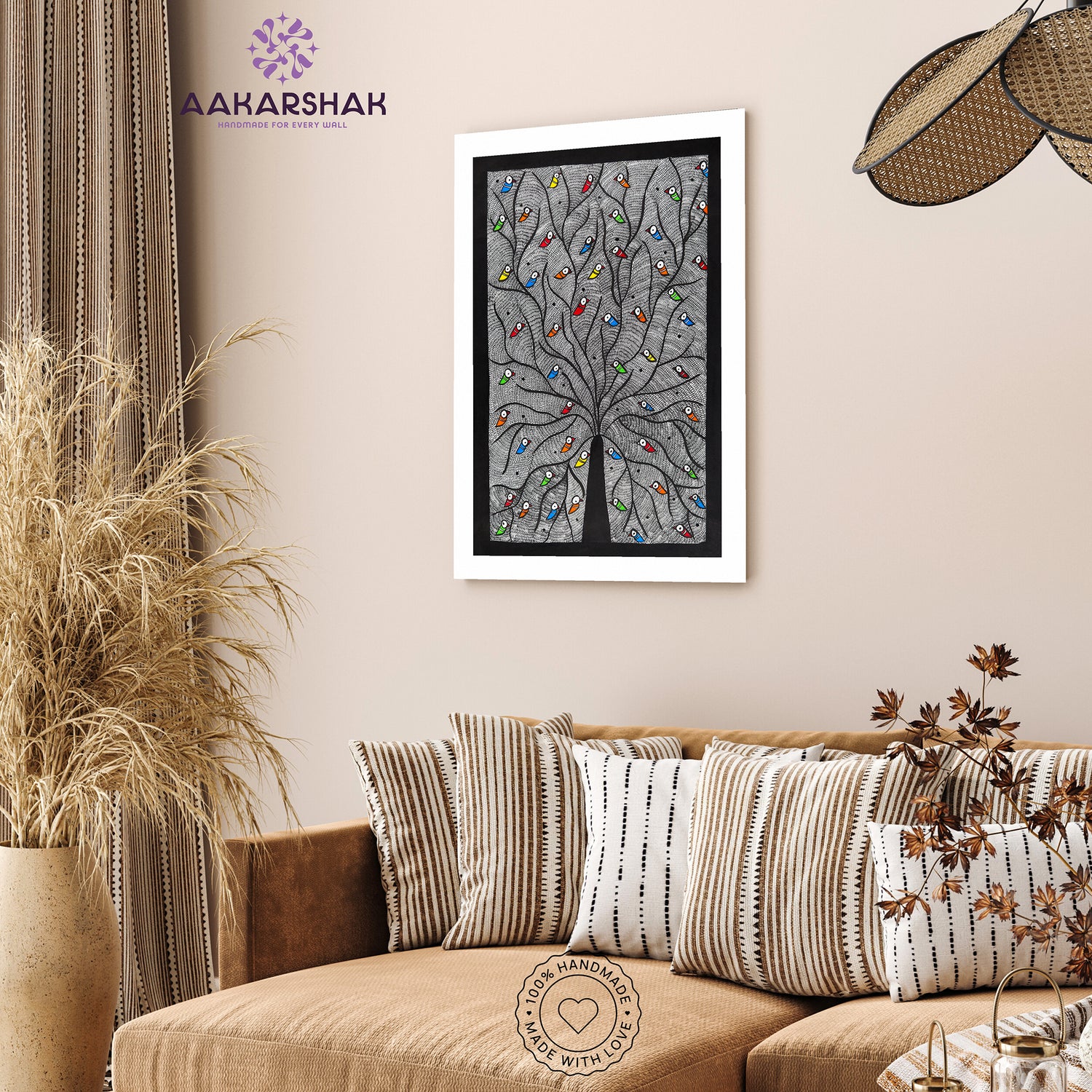 vibrant handmade peacock tree of life painting-depicting indian folk traditions