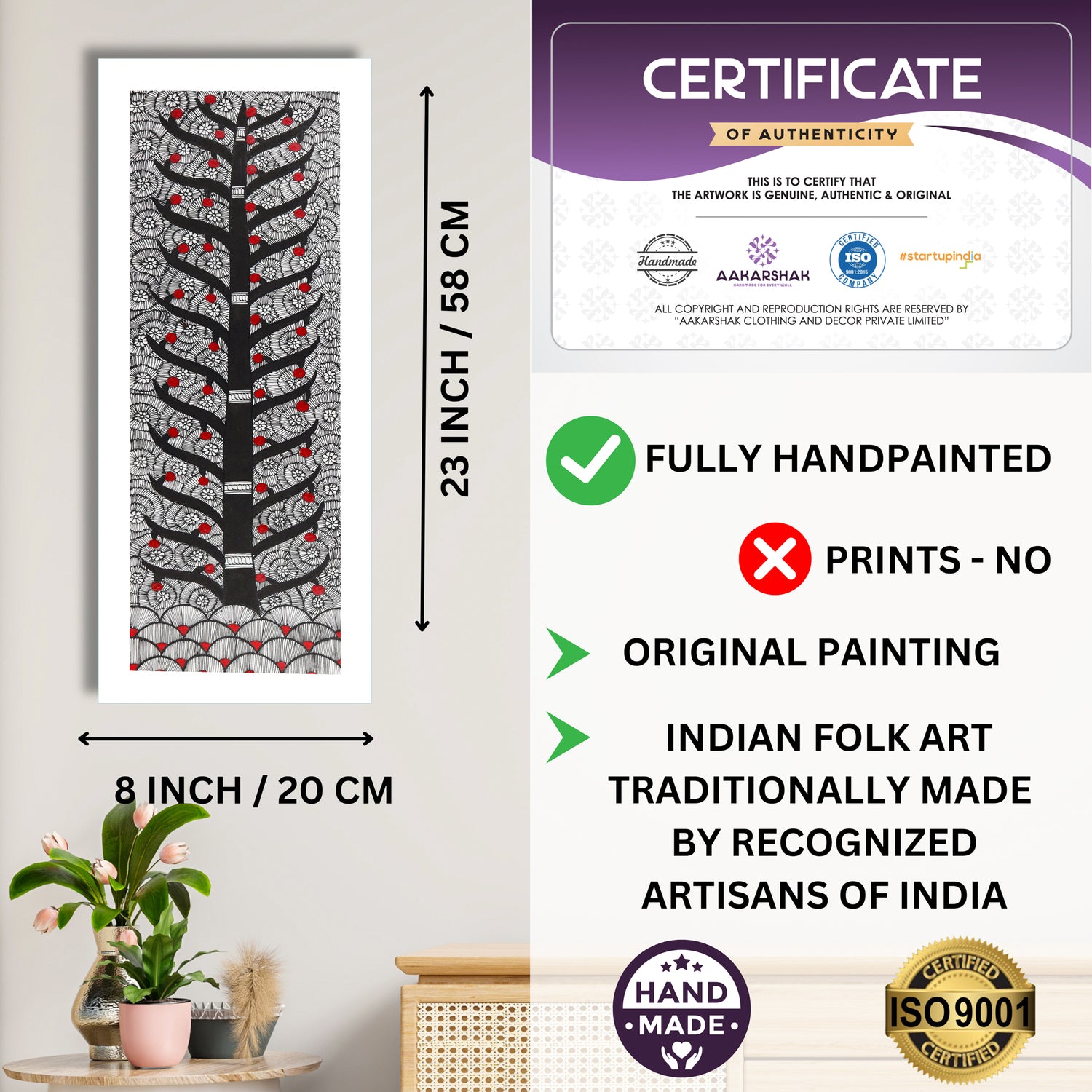Framed artwork with dimensions, authenticity certificate and handmade iso certified-tree of life madhubani painting